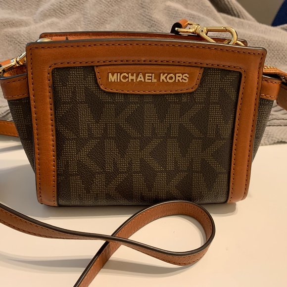 Michael Kors Handbags - Selma Mini Brown Monogram Leather Trim Cross Body